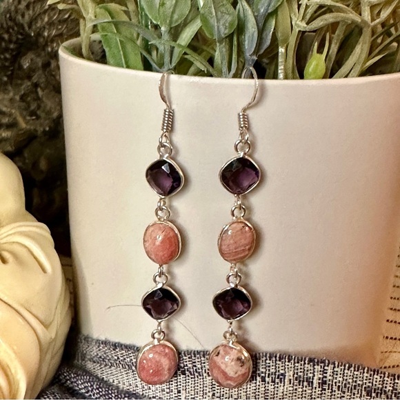 Handmade Amethyst and Rhodochrosite Dangle Earrings S925 Sterling Silver - Picture 7 of 10